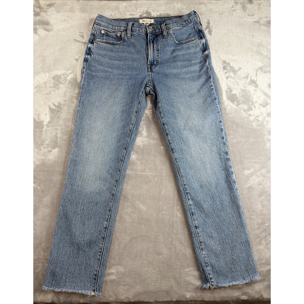 Madewell Womens 28 Mid-Rise Perfect Vintage Jeans Blue Straight Raw Hem Stretch